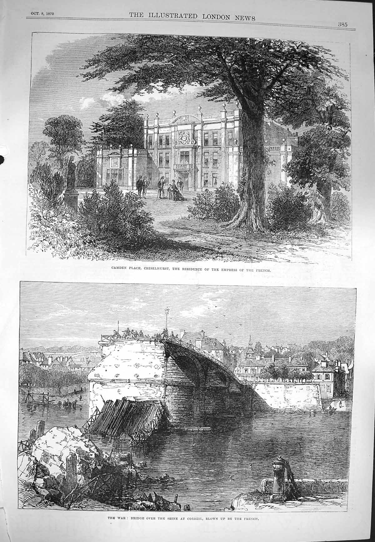 Original Old Antique Print 1870 Camden Place Chiselhurst Bridge Seine Corbeil