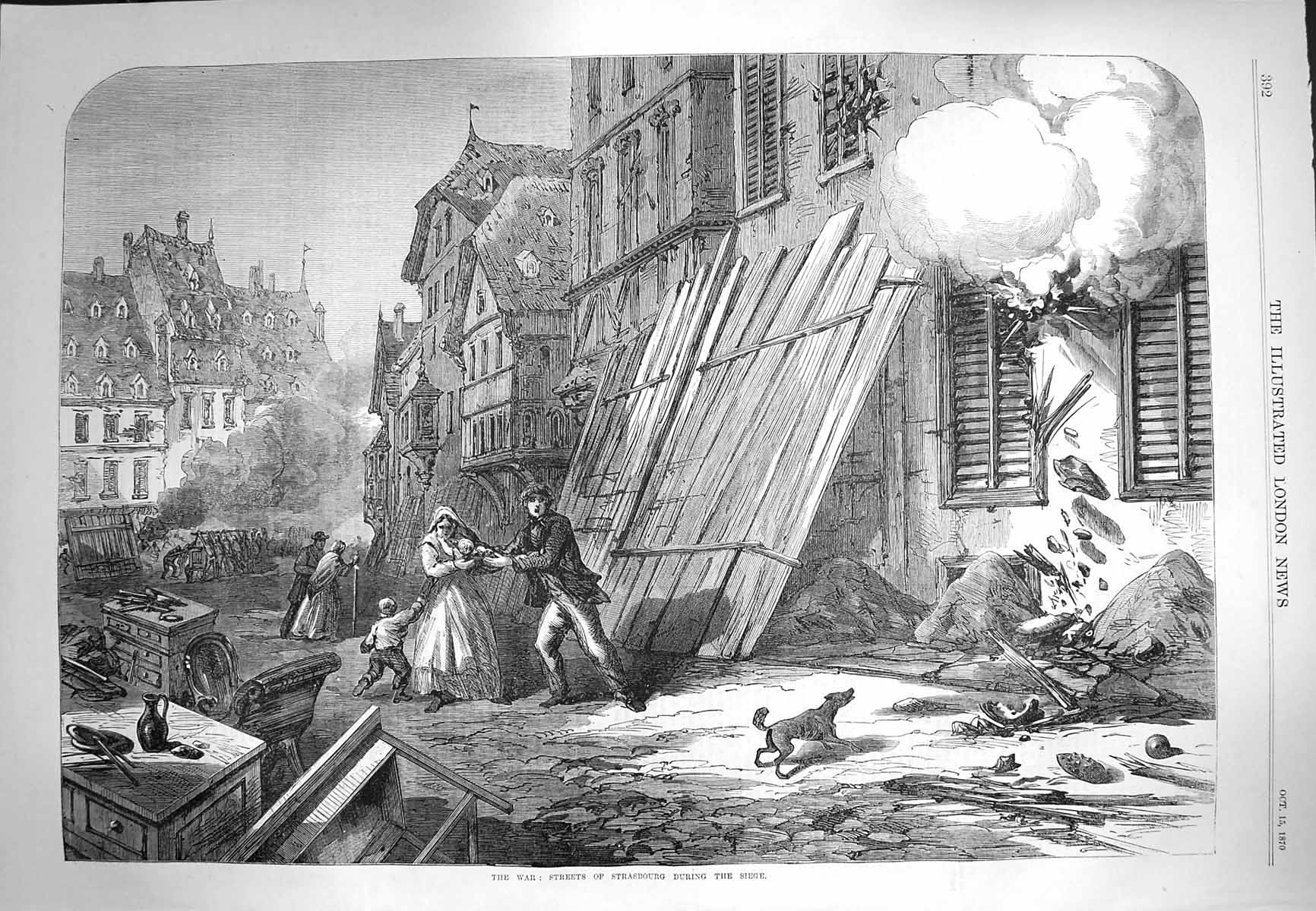 Original Old Antique Print 1870 War Streets Strasbourg Siege Family Ex Victorian