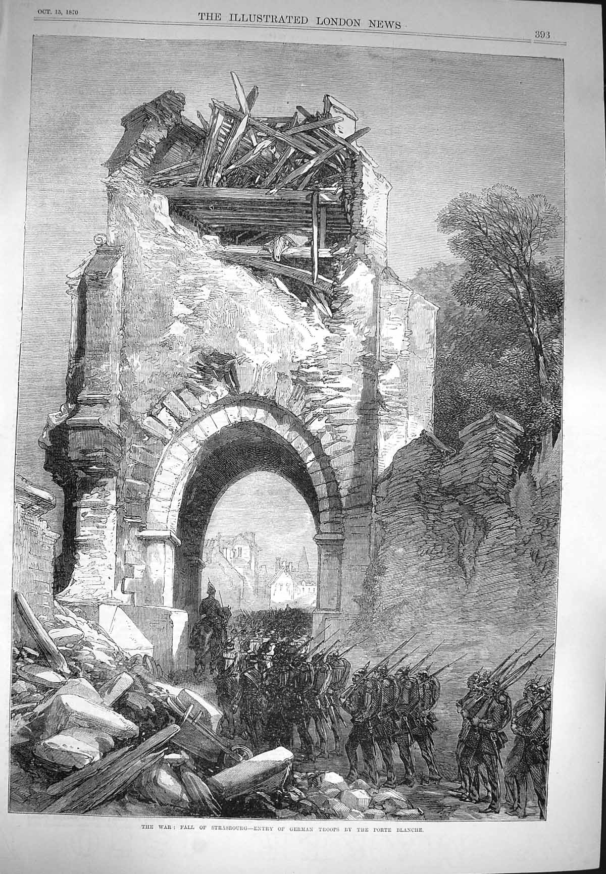 Original Old Antique Print 1870 War Fall Strasbourg German Siers Porte Blanche