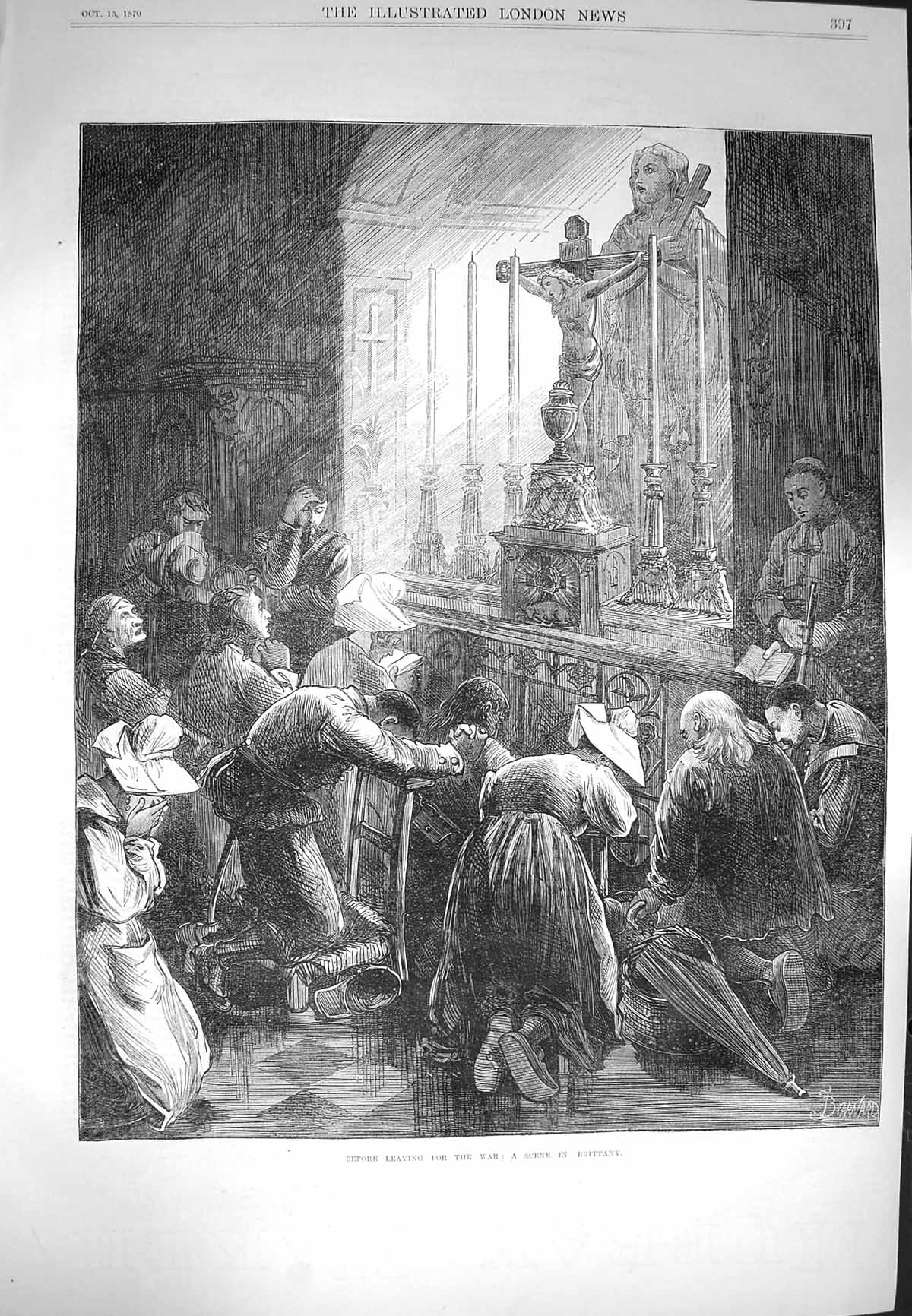 Original Old Antique Print 1870 Scene Brittany France Prayer Before Leaving War
