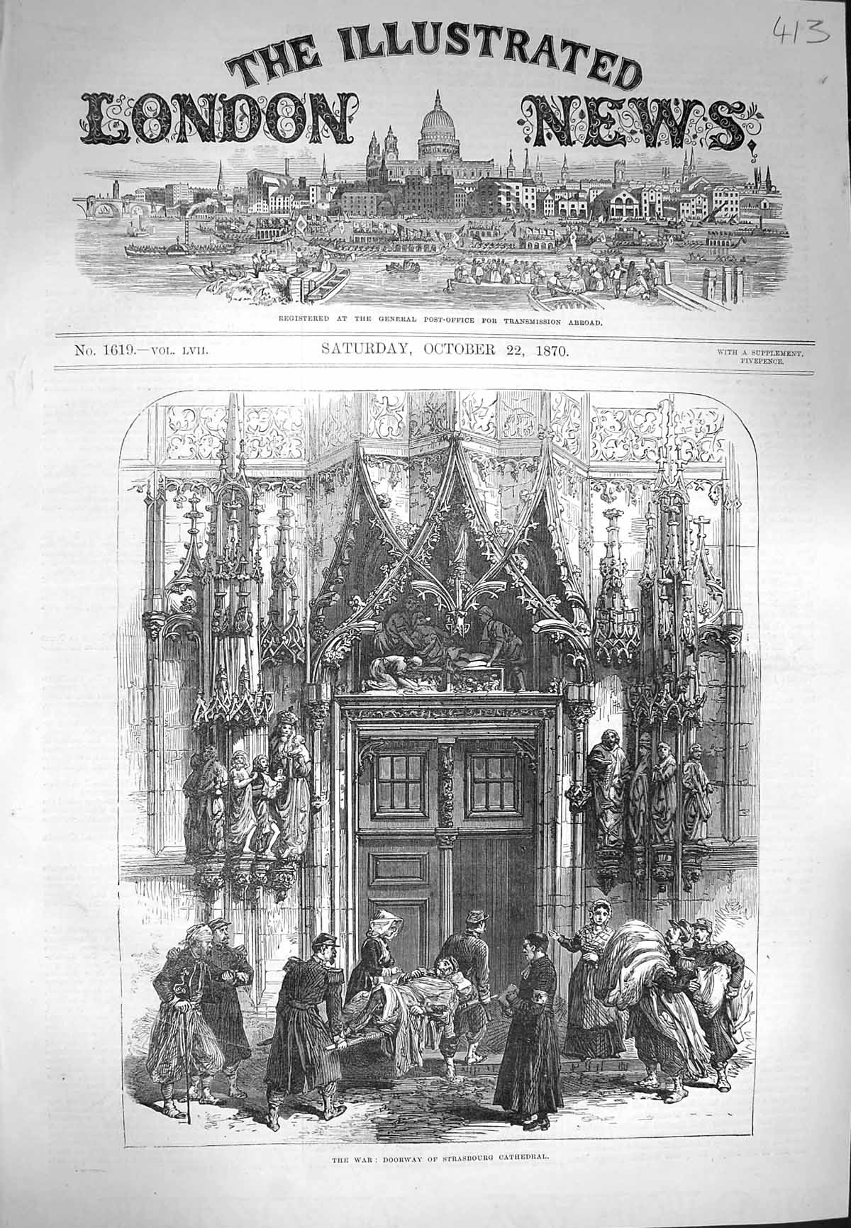 Original Old Antique Print 1870 War Doorway Strasburg Cathedral Architecture