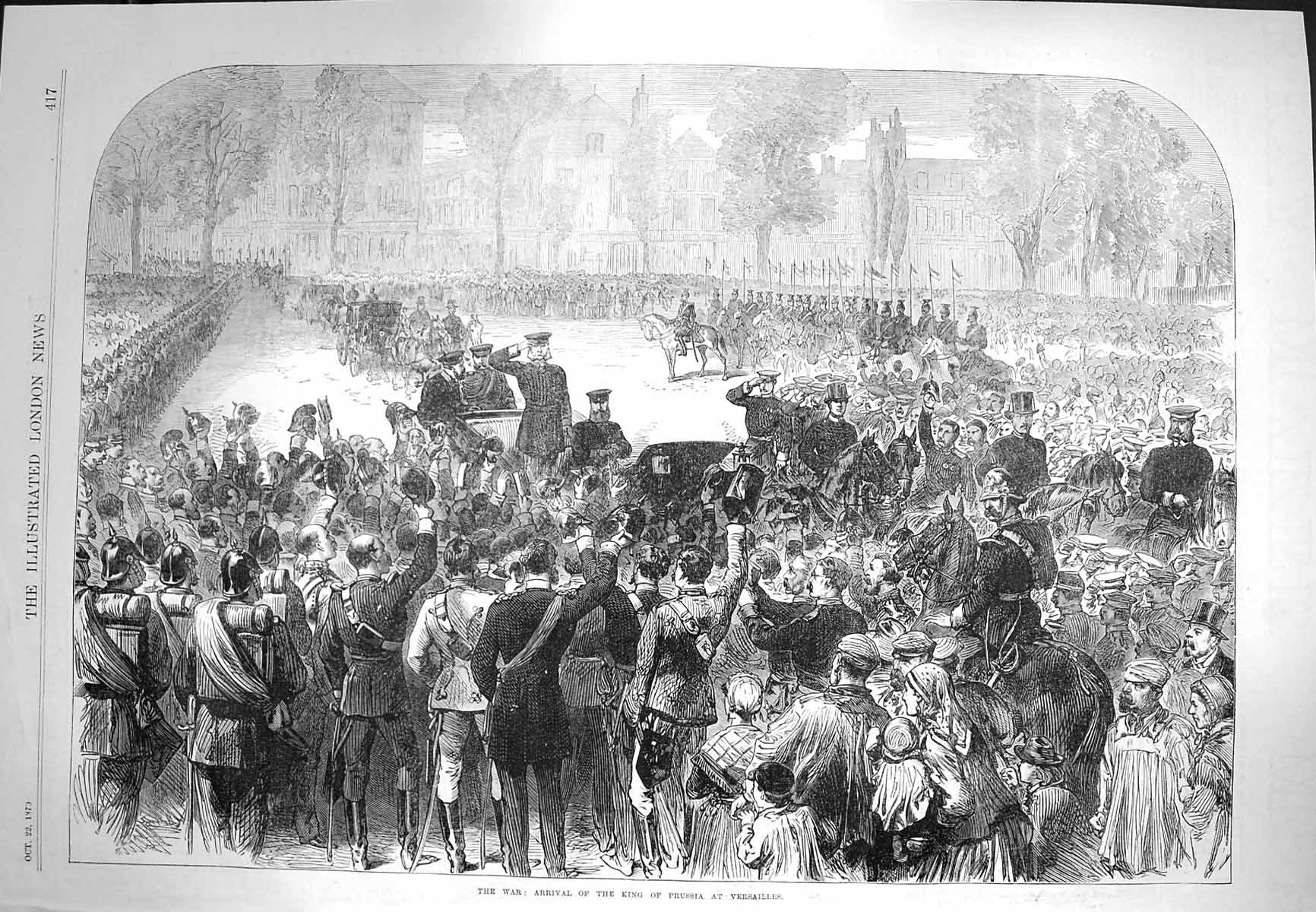 Old Antique Print 1870 War Scene Arrival King Prussia Versailles France 19th