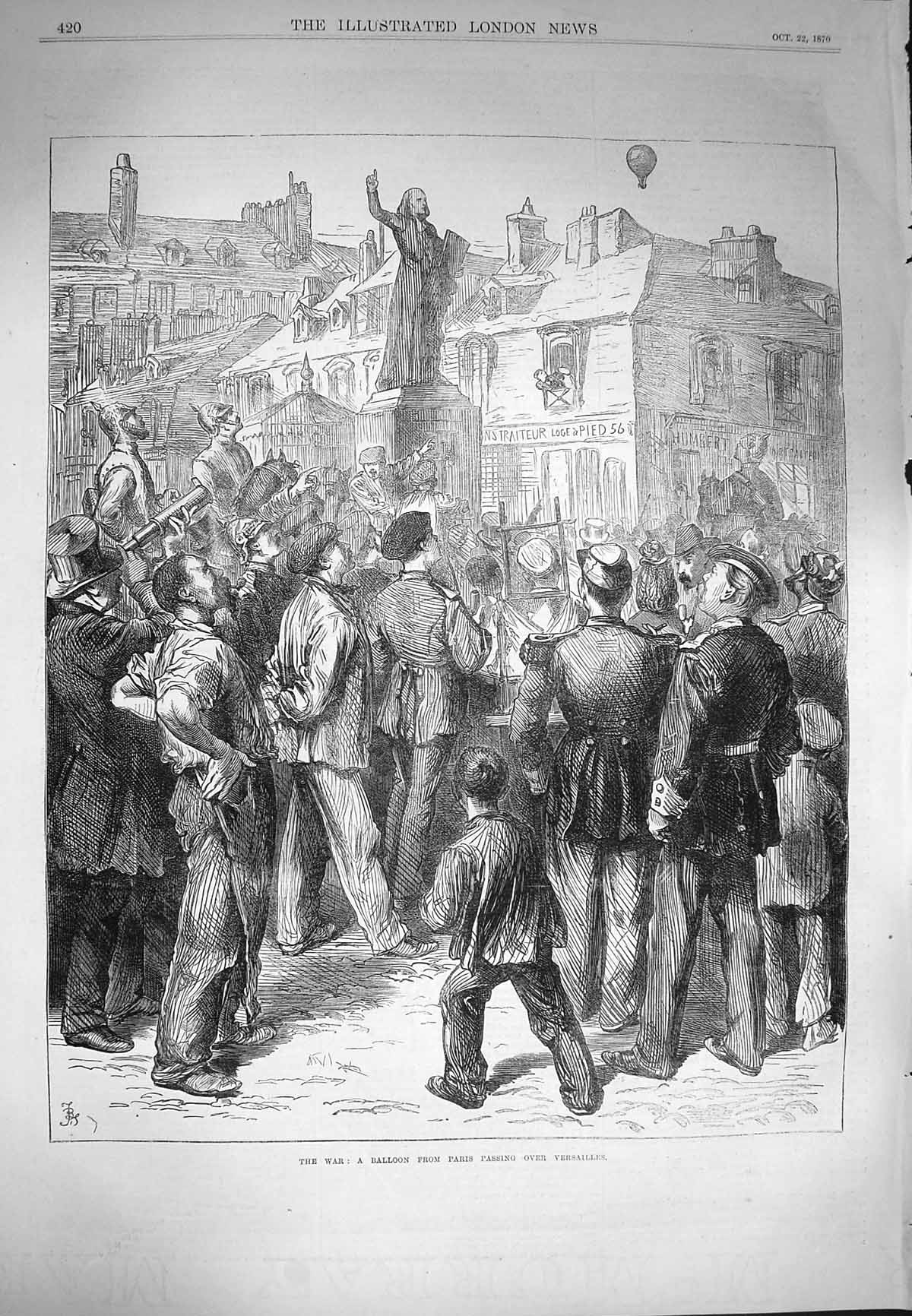 Original Old Antique Print 1870 War Balloon Paris Passing Versailles France