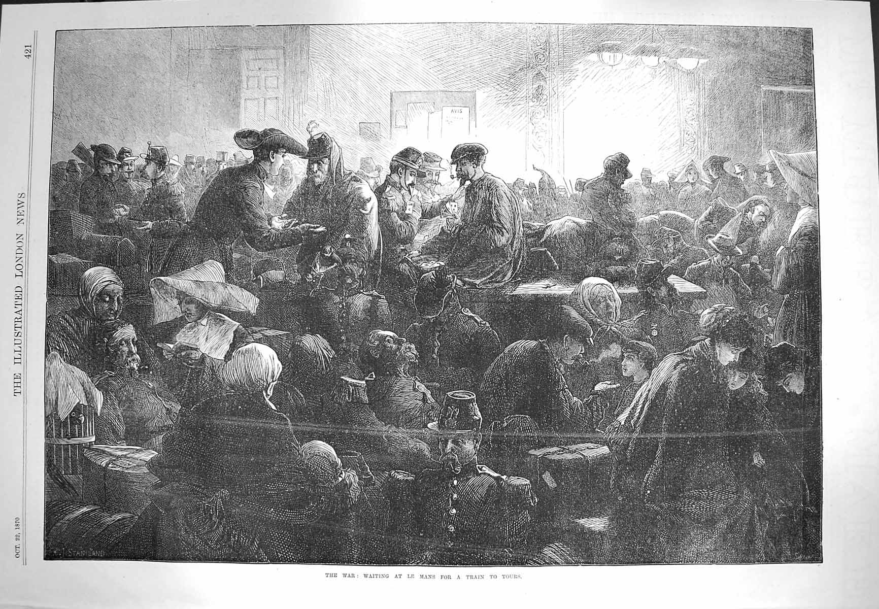 Original Old Antique Print 1870 War Waiting Scene Le Mans Train Tours Victorian