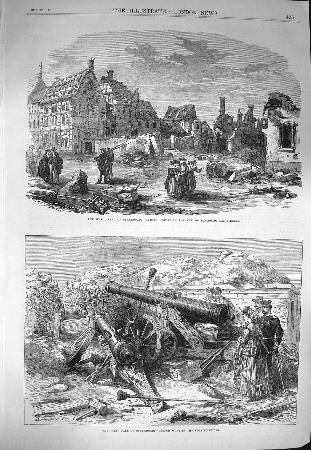 Original Old Antique Print 1870 War Fall Strasbourg French Guns Fortifications