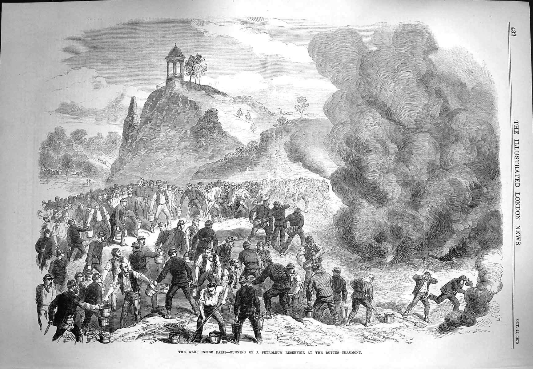 Original Old Antique Print 1870 War Paris Burning Petroleum Buttes Chaumont
