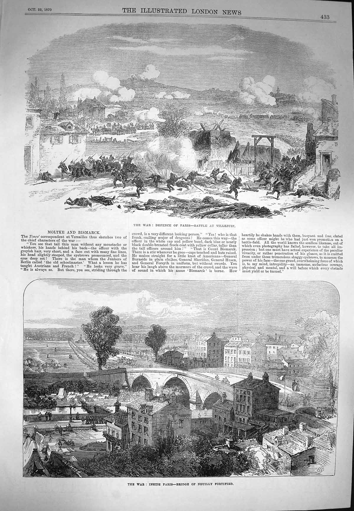 Old Antique Print 1870 War Battle Villejuif Bridge Neuilly Paris France 19th