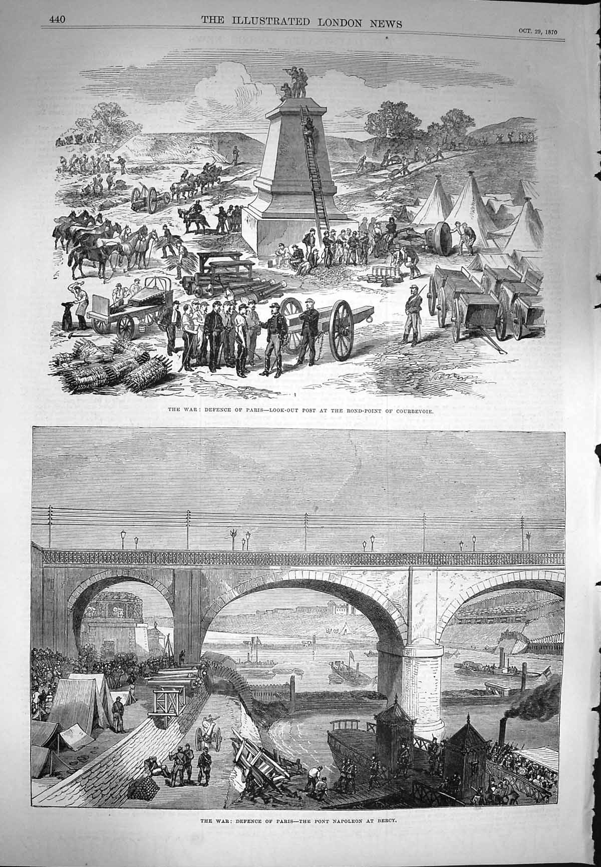 Old Antique Print 1870 Paris Louk-Out Post Courbevoie Pont Napoleon Bercy 19th