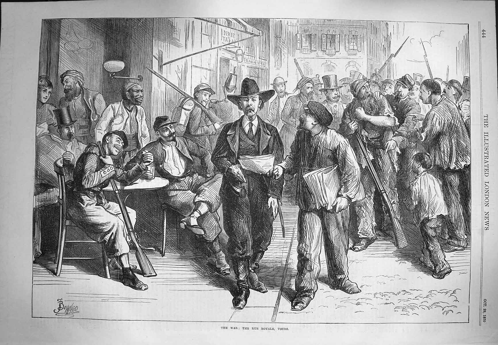 Original Old Antique Print 1870 War Rue Royale Tours Newspapers France 19th