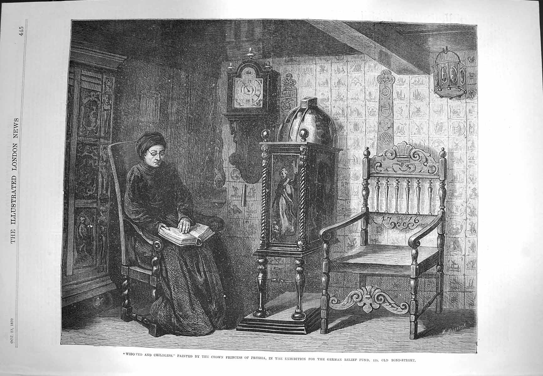 Original Old Antique Print 1870 Windowed Childless Woman Readi 19th
