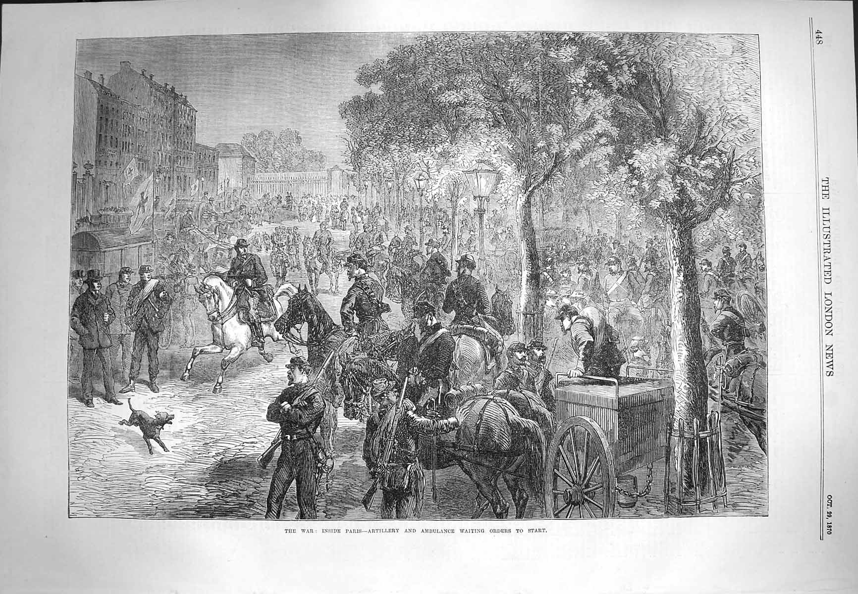 Original Old Antique Print 1870 War Paris Artillery Ambulance Waiting Orders