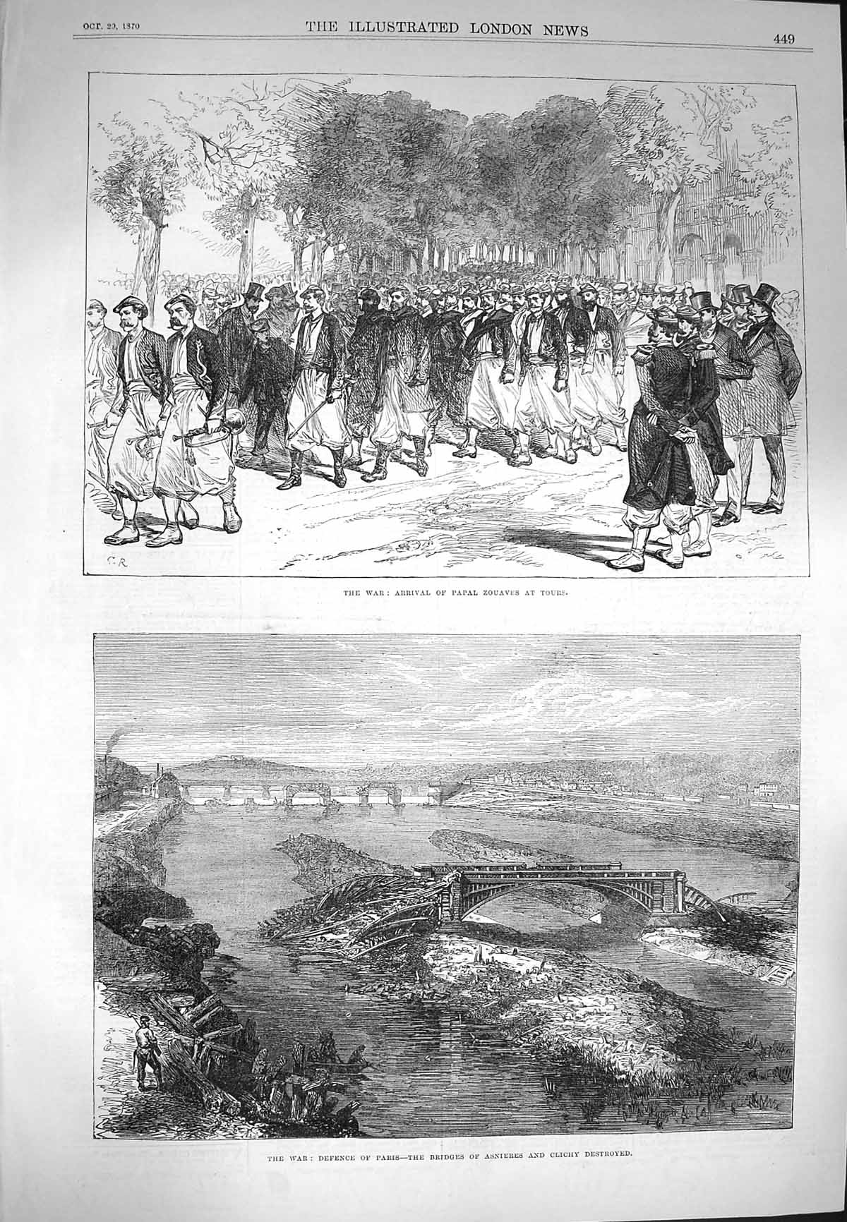 Original Old Antique Print 1870 War Papal Zouaves Tours Bridge Asnieres 19th