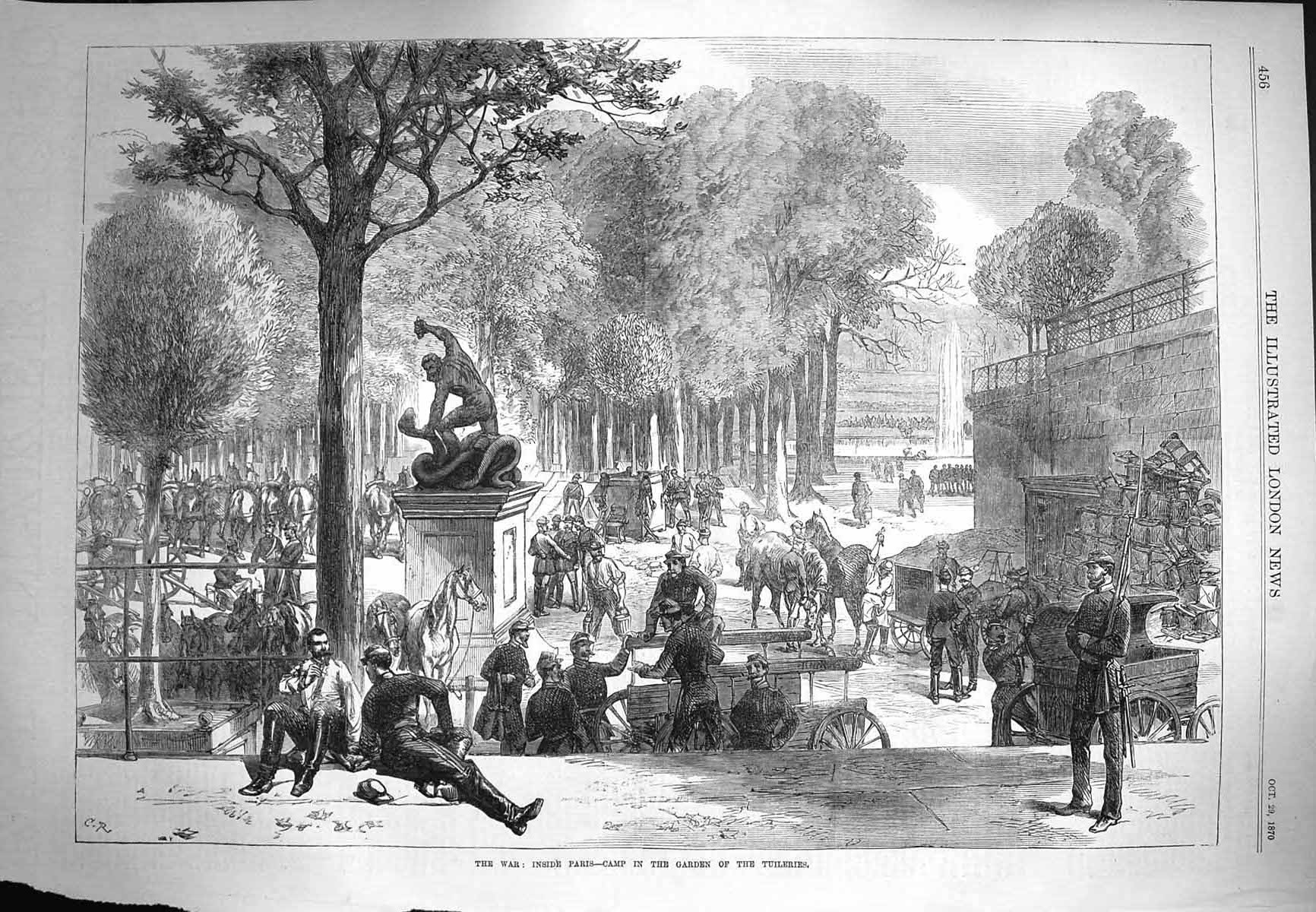 Original Old Antique Print 1870 War Paris Camp Garden Tuileries Siers Horses