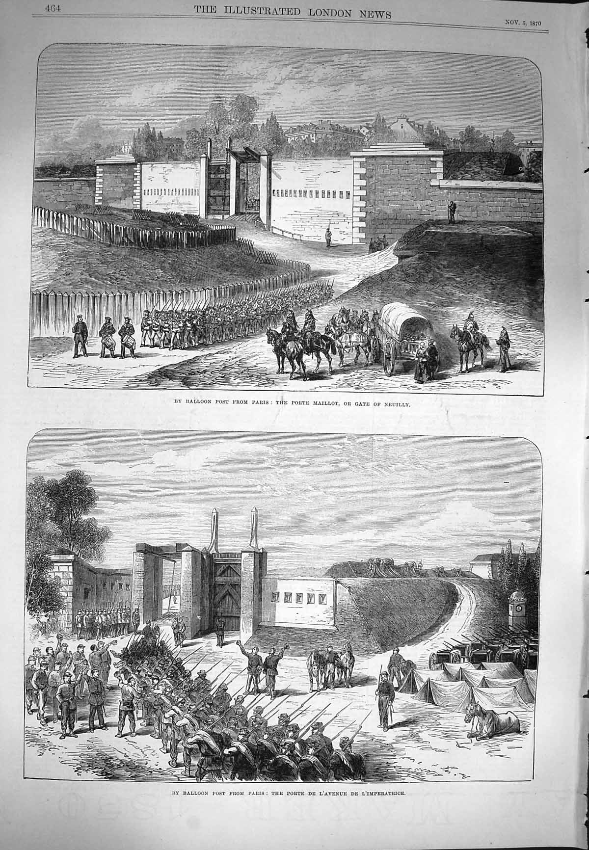 Old Antique Print 1870 Porte Maillot Gate Neuilly L'Avenue L'Imperatrice 19th