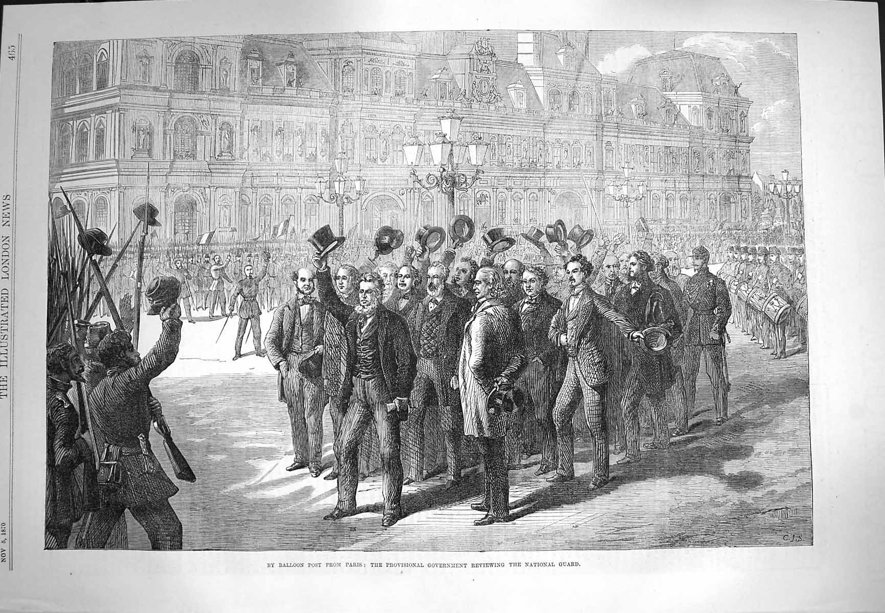 Original Old Antique Print 1870 Provisional Government Reviewing National Guard