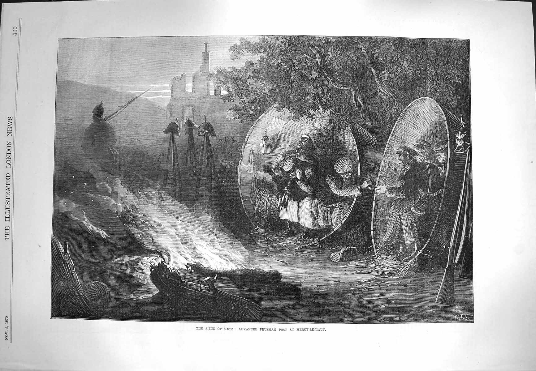 Original Old Antique Print 1870 Siege Metz Advanced Prussian Post Mercy-Le-Haut