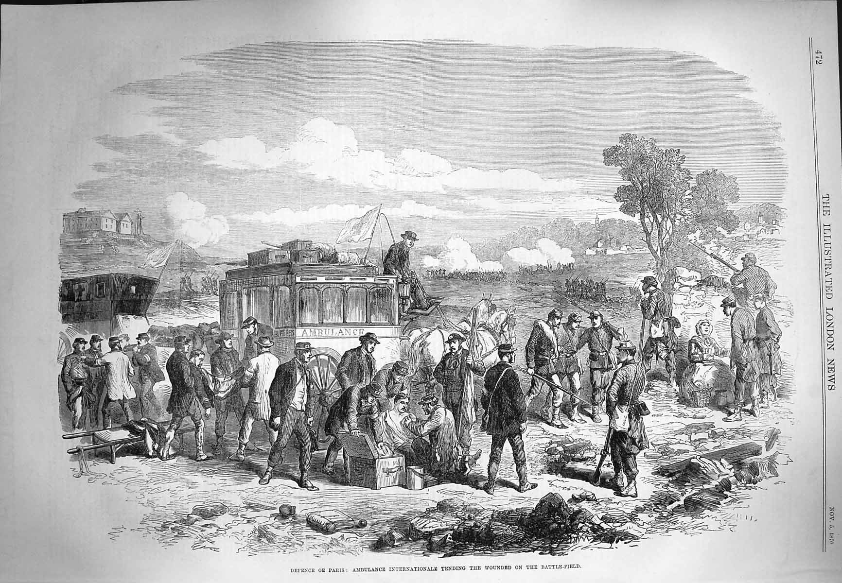 Antique Old Print *3957 1870 Paris Ambulance Tending Wounded Battle Field War