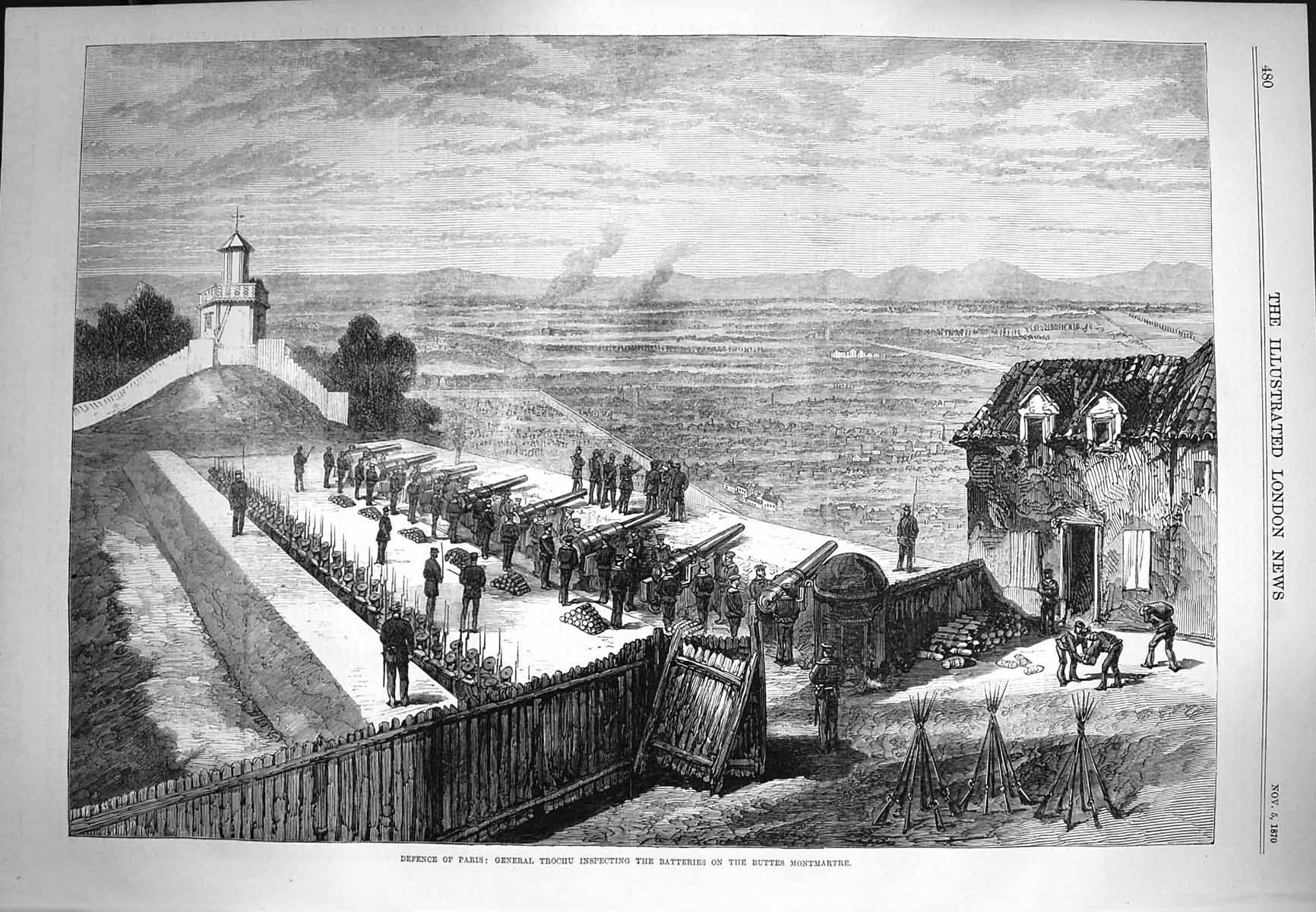 Old Antique Print 1870 Paris General Trochu Batteries Buttes Montmartre 19th