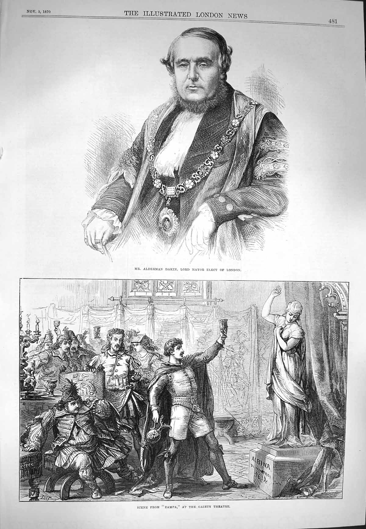 Original Old Antique Print 1870 Mr. Alderman Dakin Mayor London Zampa Theatre