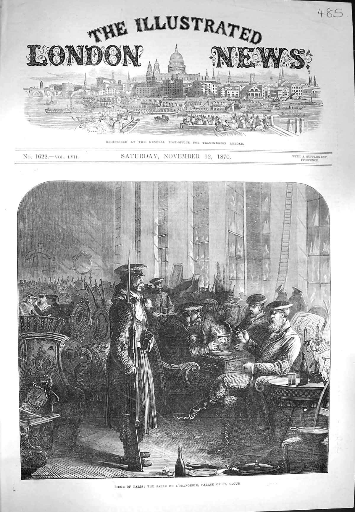 Old Antique Print 1870 Siege Paris Salle De L'Orangerie Palace St. Cloud 19th