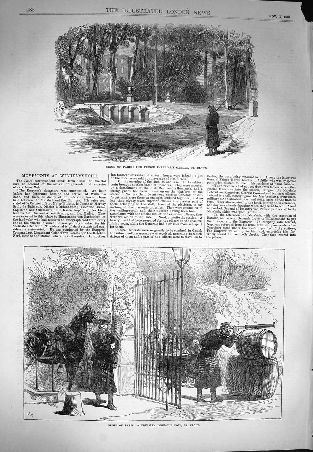 Old Antique Print 1870 Siege Paris Prince Garden St. Cloud Prussian Post 19th