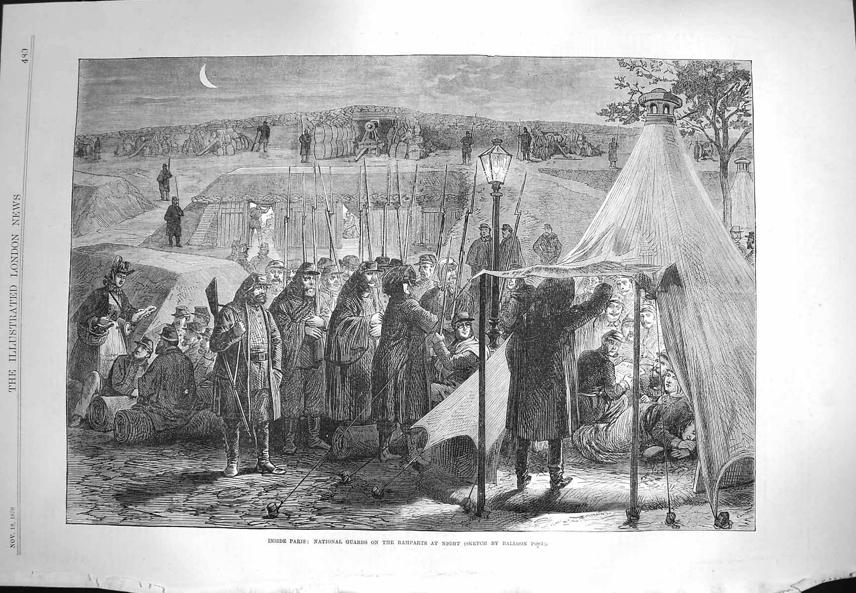 Original Old Antique Print 1870 Paris National Guards Ramparts Night Siers 19th