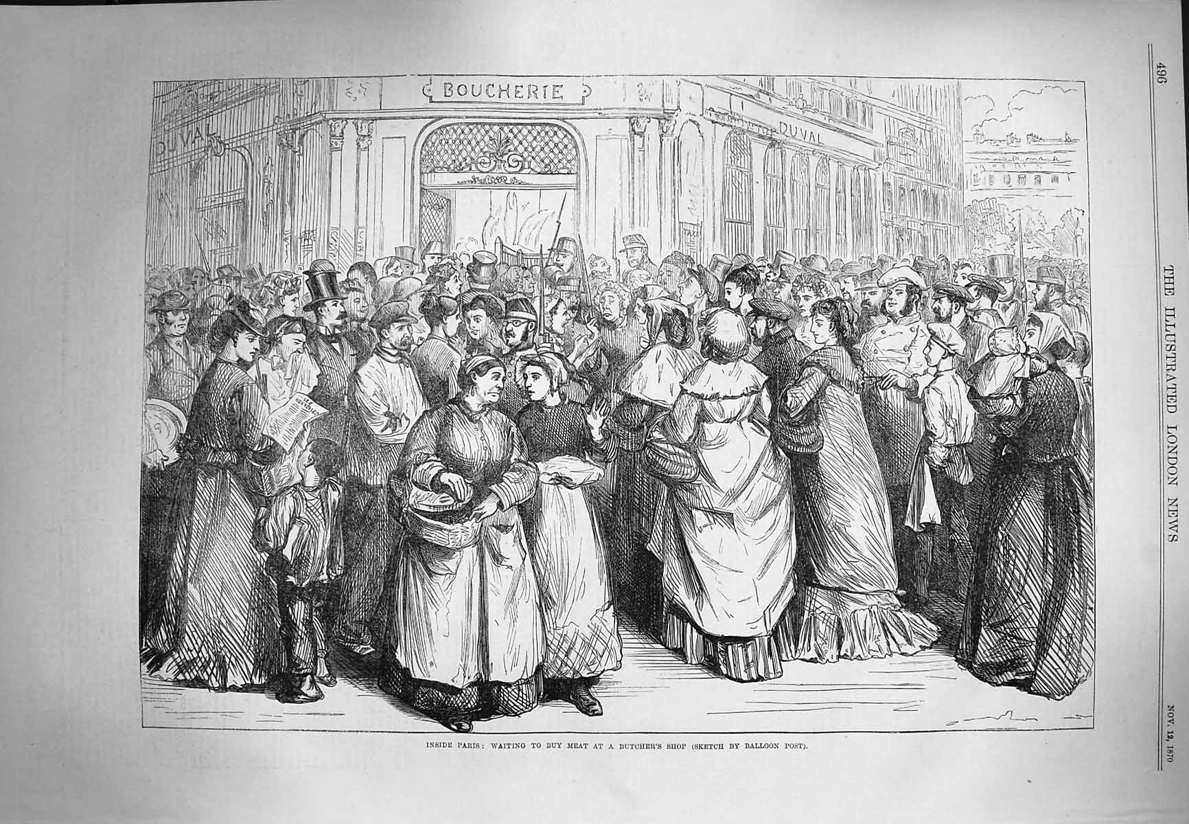 Old Antique Print 1870 Paris Waiting Buy Meat Butchers Shop Street Scene 19th