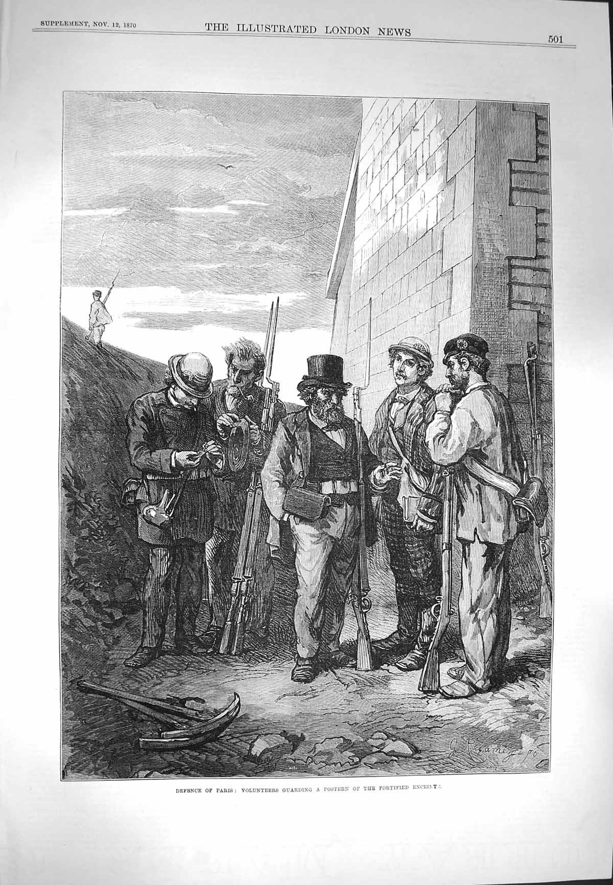 Original Old Antique Print 1870 Paris Volunteers Guarding Postern Victorian