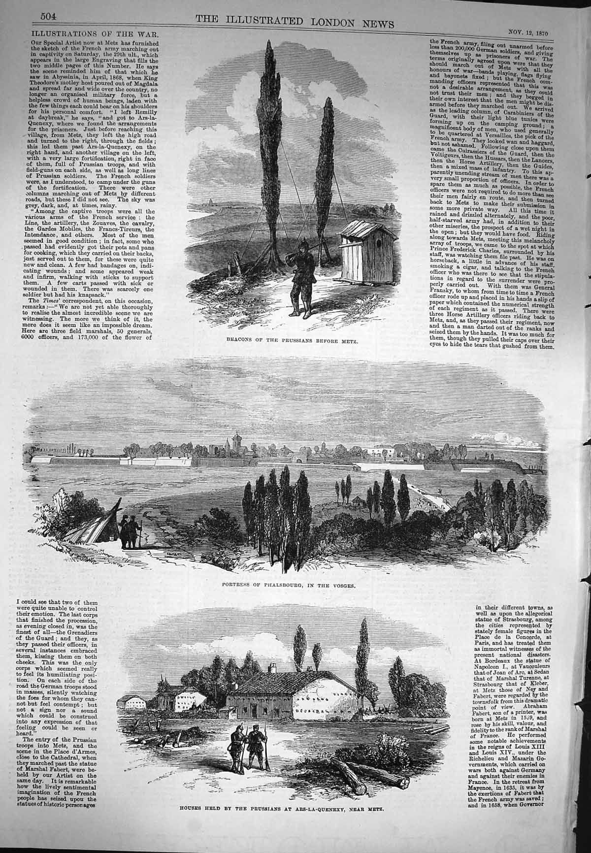 Old Antique Print 1870 Beacons Prussians Metz Fortress Phalsbourg Vosges 19th
