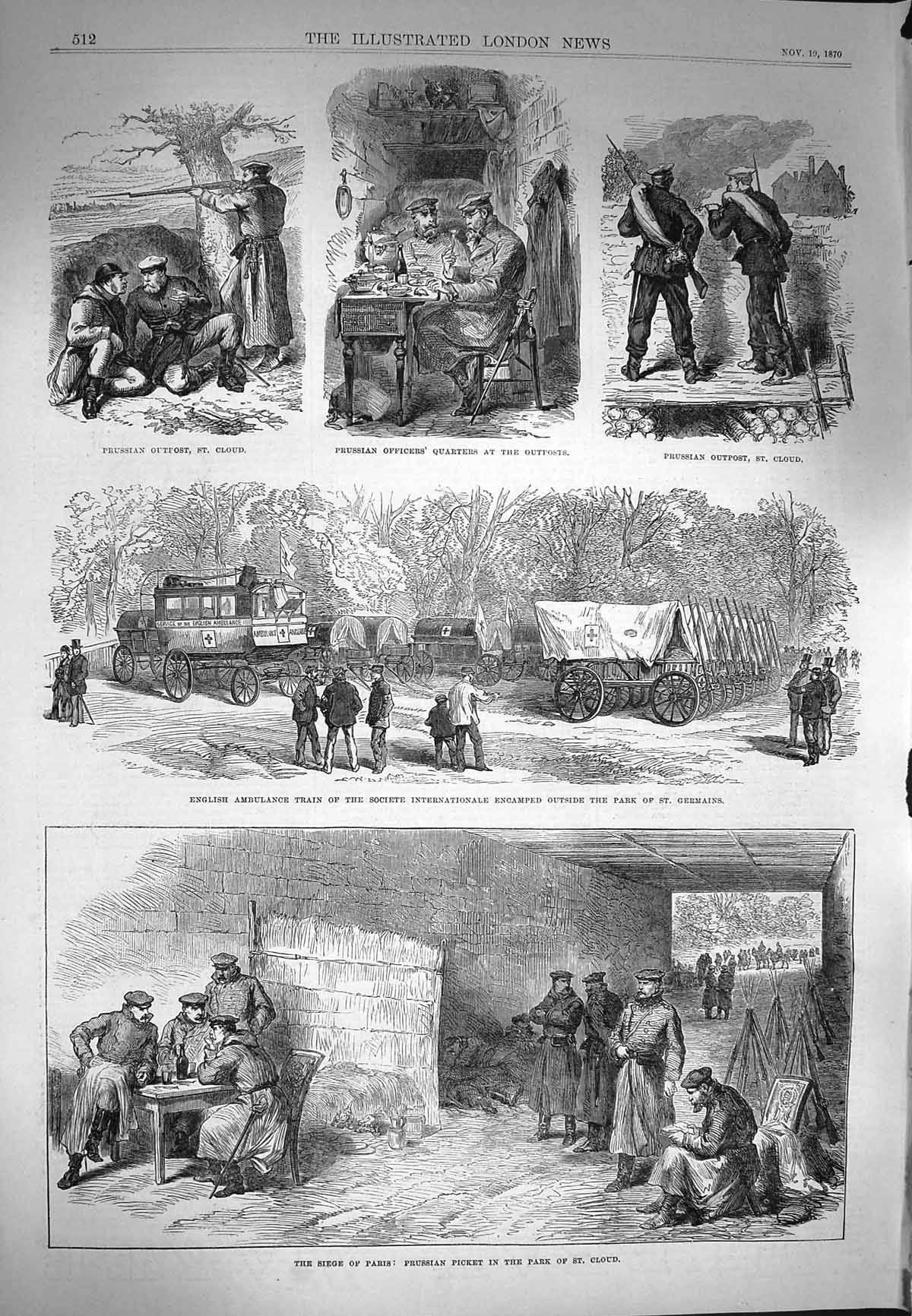 Original Old Antique Print 1870 War Paris Prussian Picket Park Cloud Ambulance