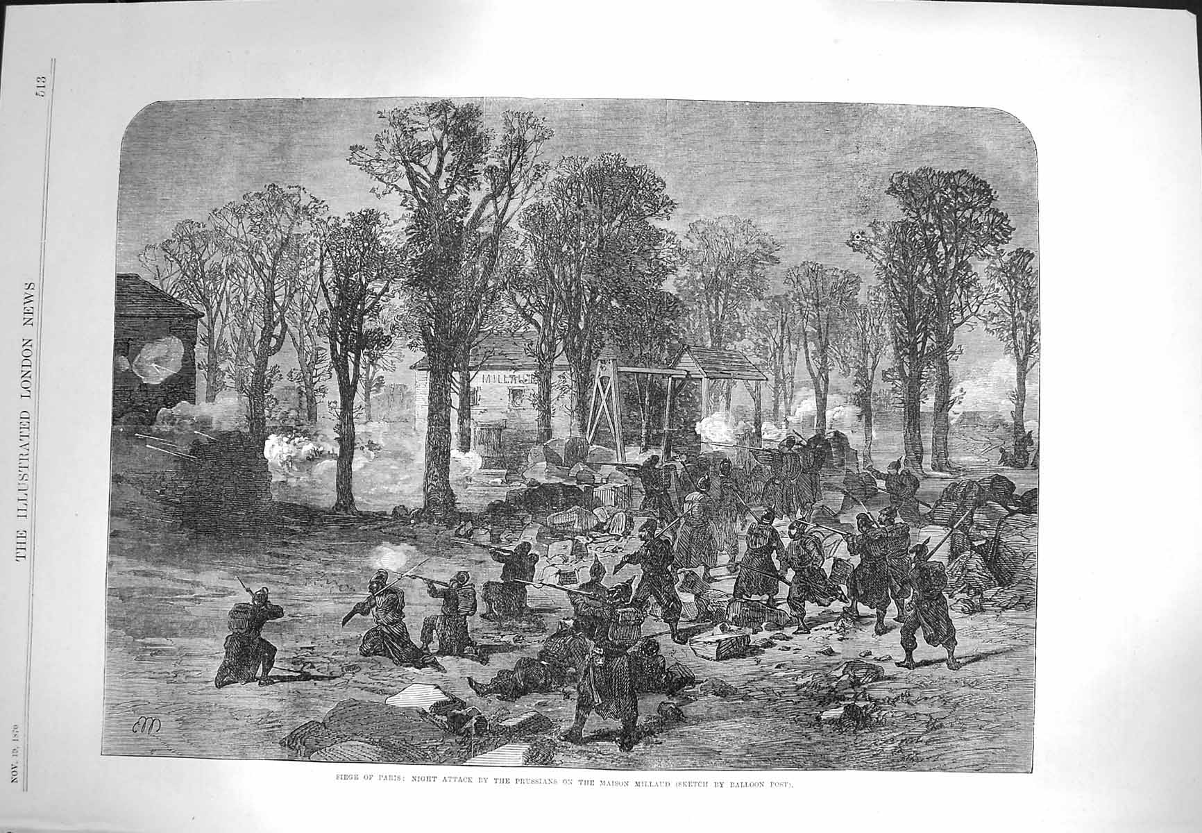 Original Old Antique Print 1870 Siege Paris Attack Prussians Maison Millaud War