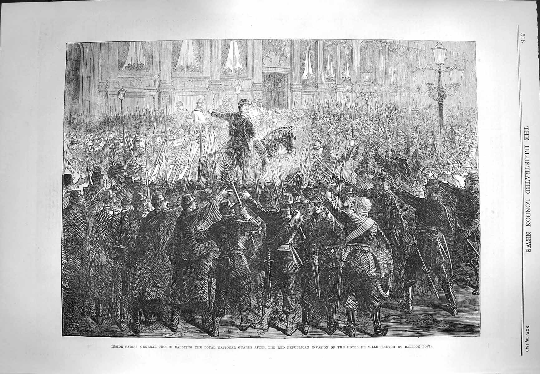 Old Antique Print 1870 Paris General Trochu National Guards Hotel Ville 19th