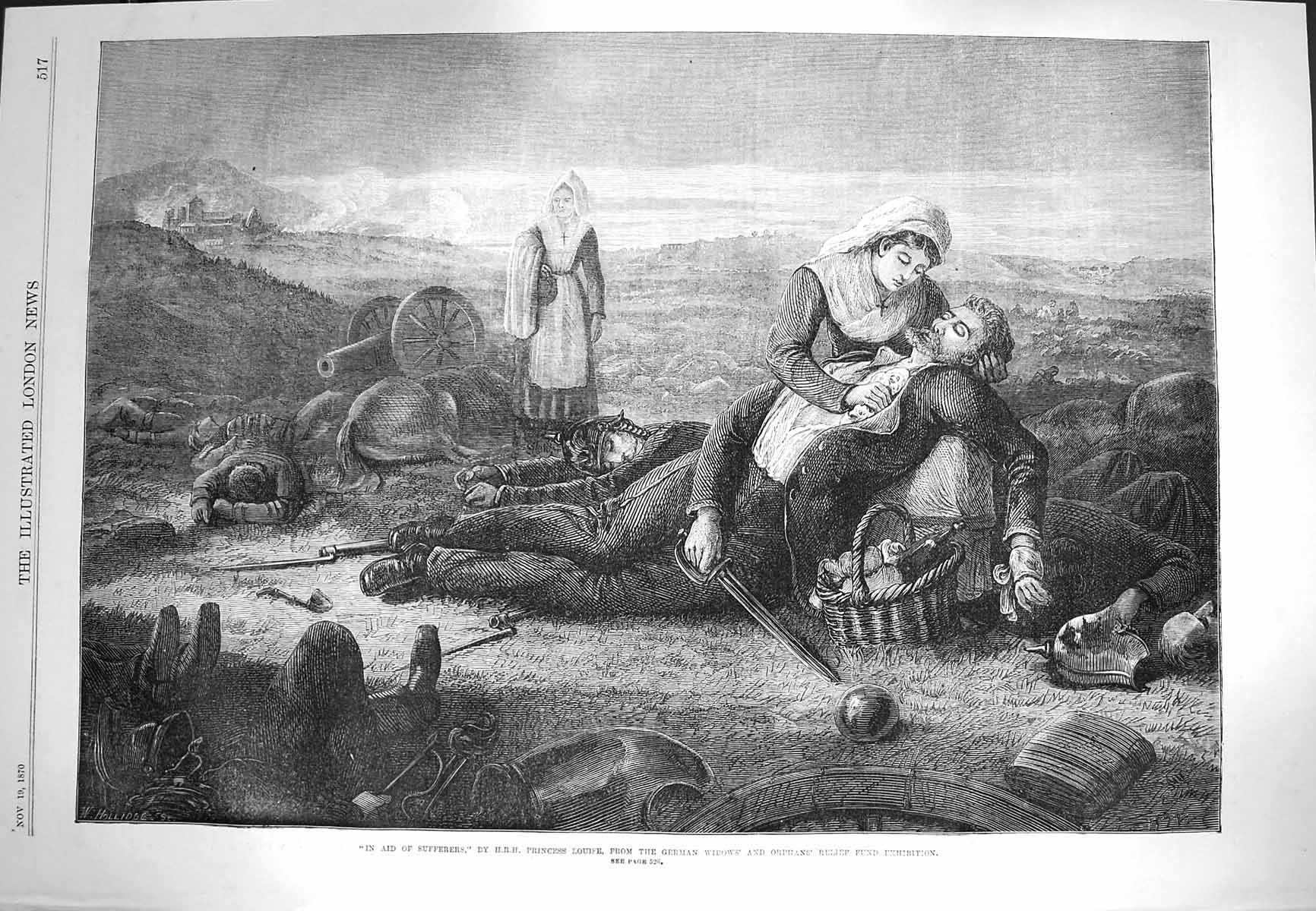 Original Old Antique Print 1870 Princess Louise Art War Injured Siers Nurses