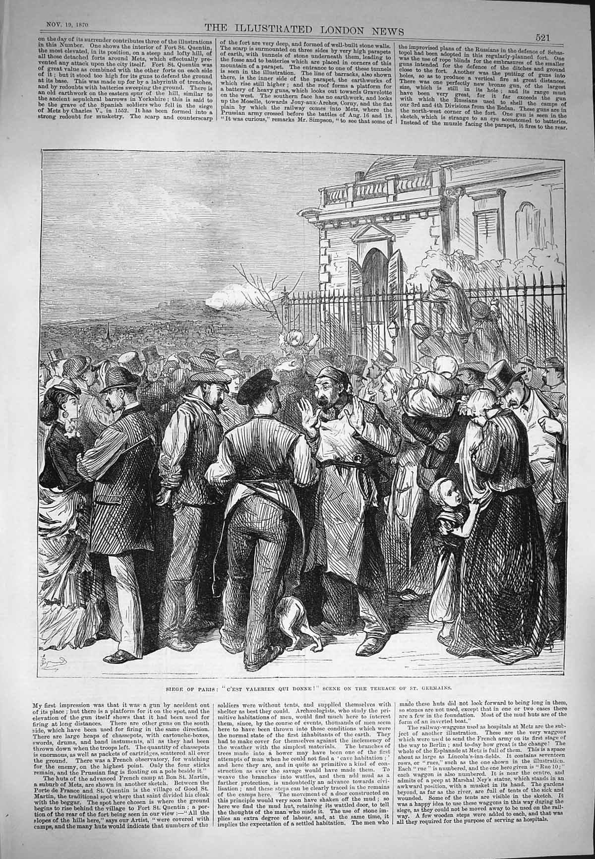 Old Antique Print 1870 Siege Paris C'Est Valerien Donne Terrace Germains 19th