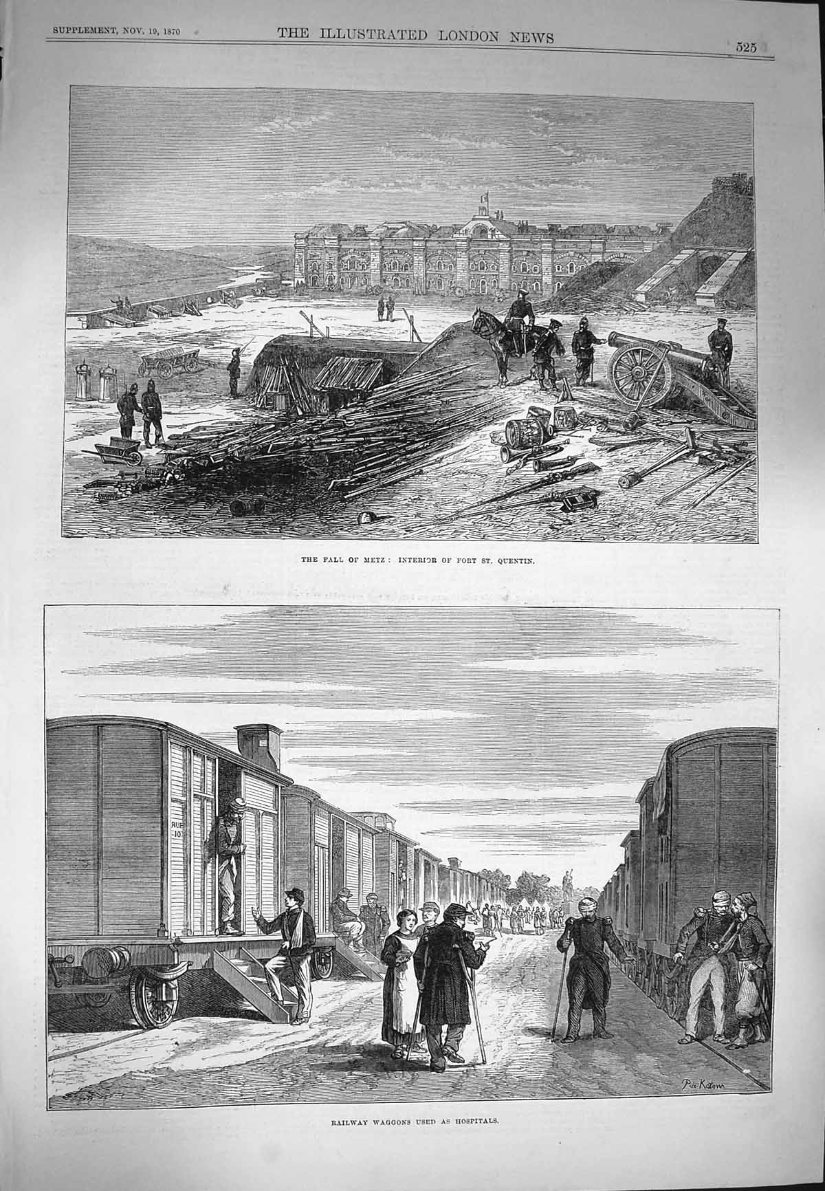 Original Old Antique Print 1870 Fall Metz Fort St. Quentin Railway Waggons War