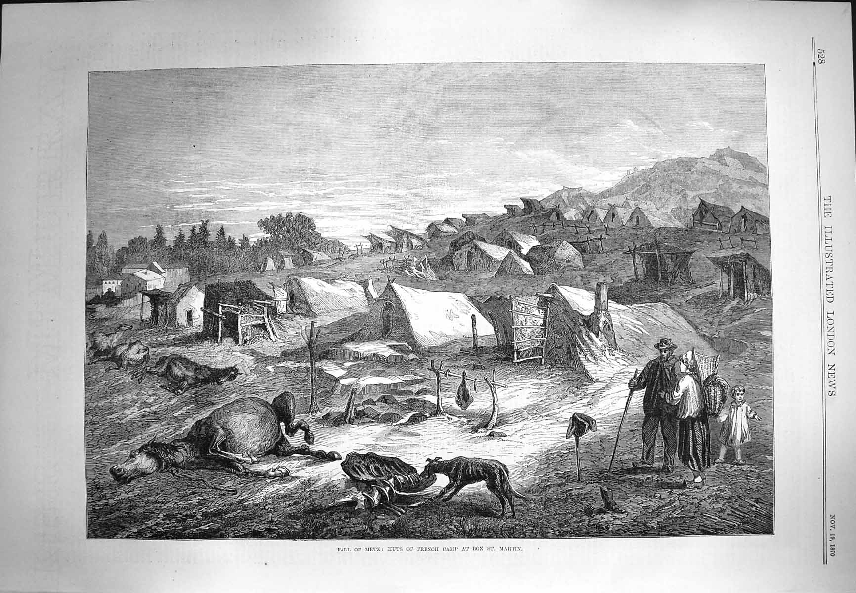 Original Old Antique Print 1870 Fall Metz Huts French Camp Bon St. Martin War