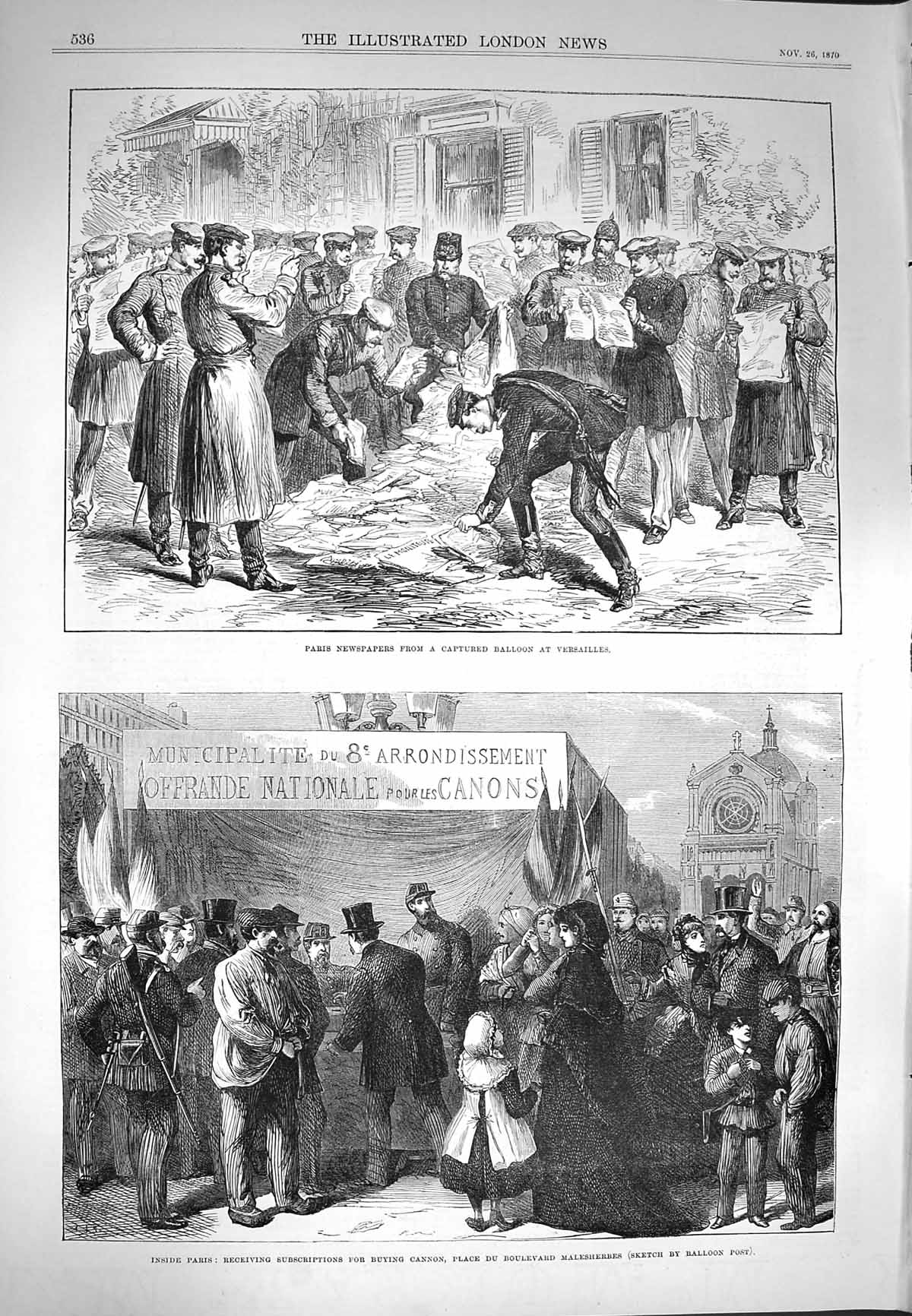 Original Old Antique Print 1870 Paris Newspapers Balloon Versailles Male 19th