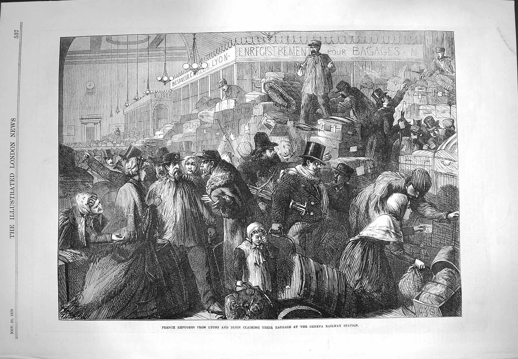 Old Antique Print 1870 French Refugees Lyons Dijon Baggage Geneva Railway 19th