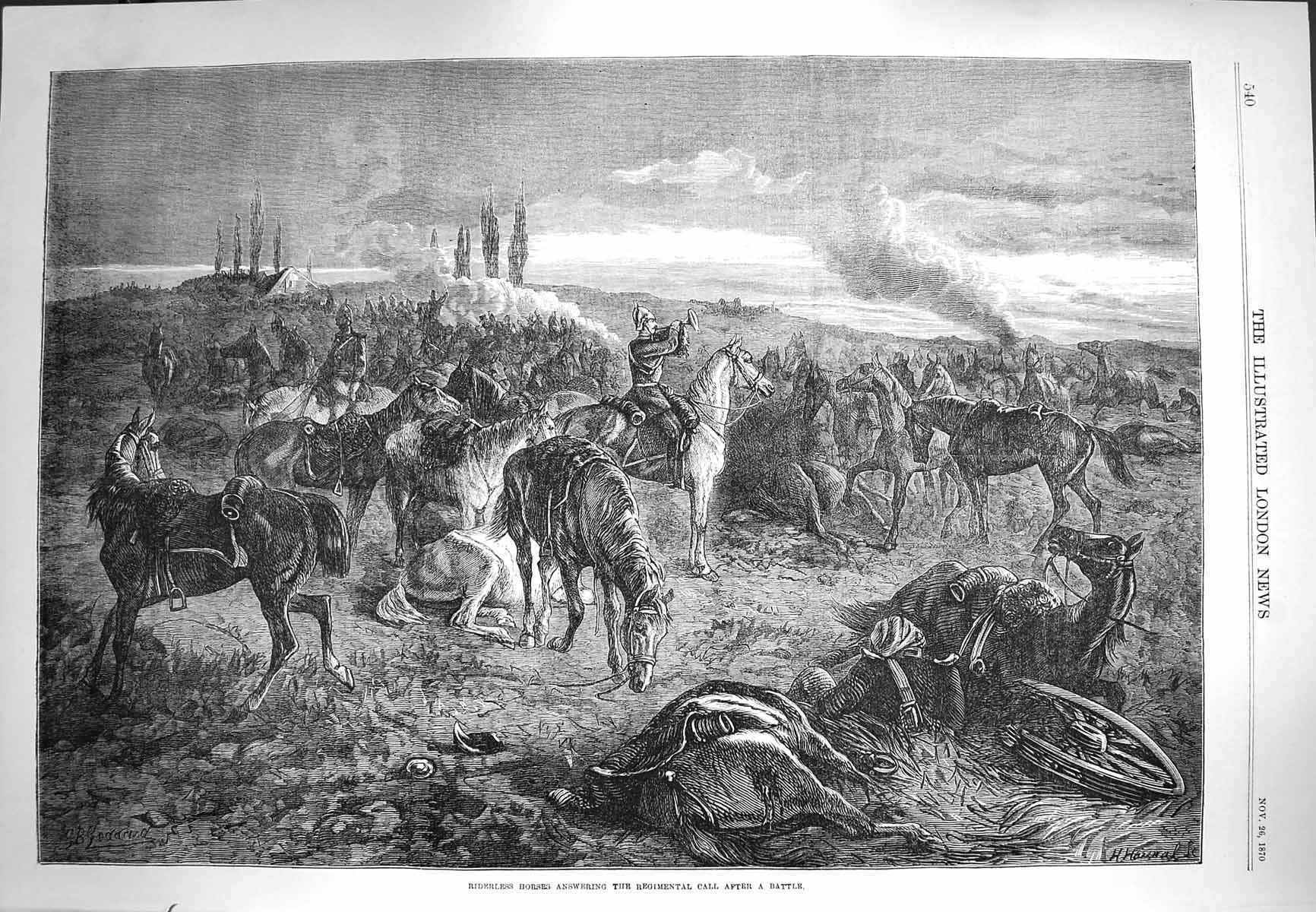 Original Old Antique Print 1870 Riderless Horses Regimental Call Battle War