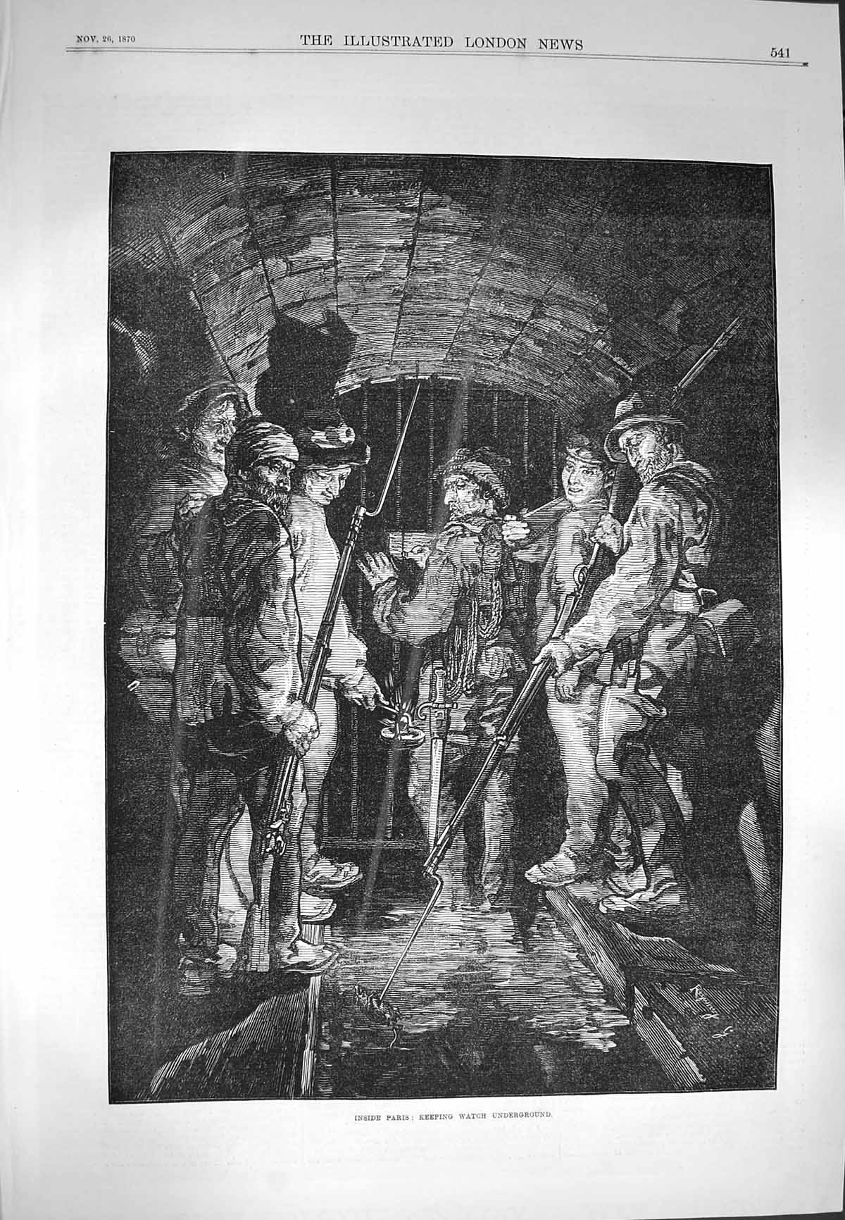 Original Old Antique Print 1870 Paris Scene Keeping Watch Underground Tunnel