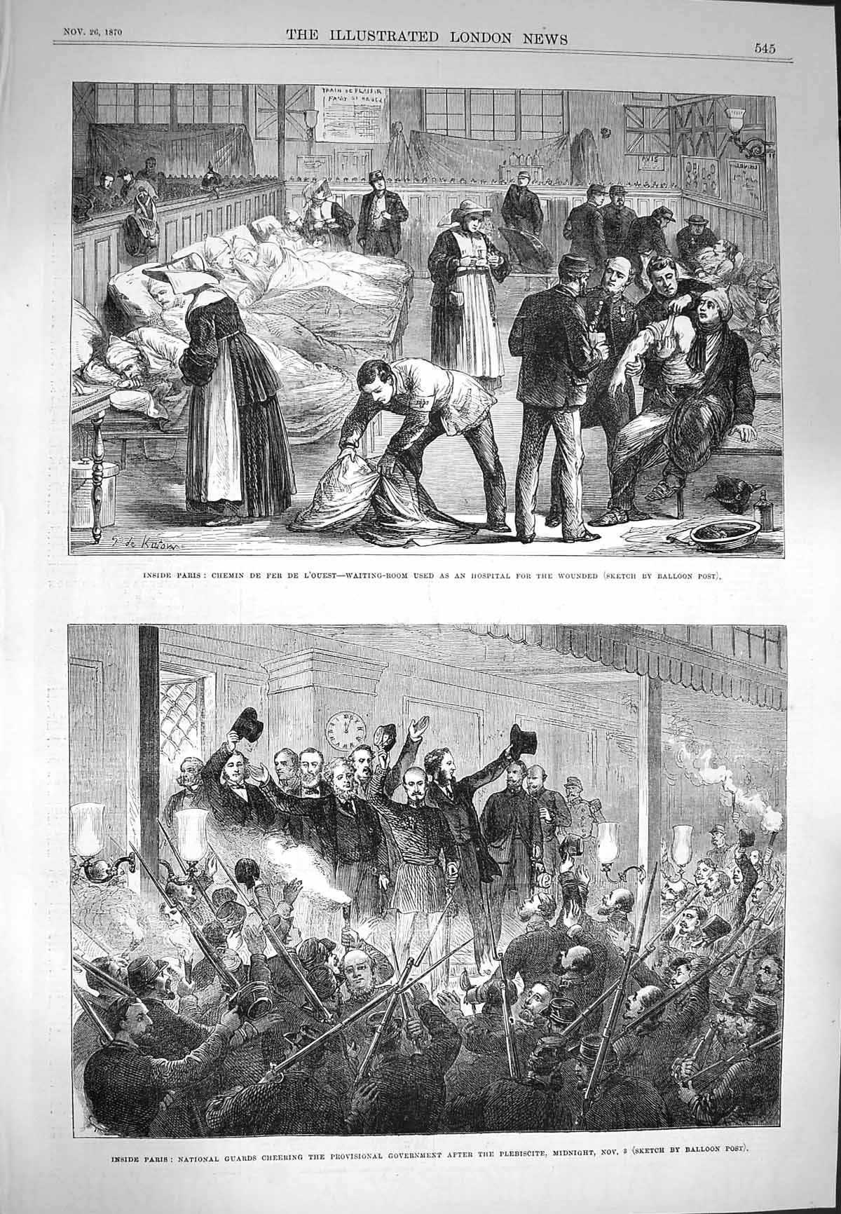 Old Antique Print 1870 Paris Chemin L'Ouest Hospital National Guard War 19th