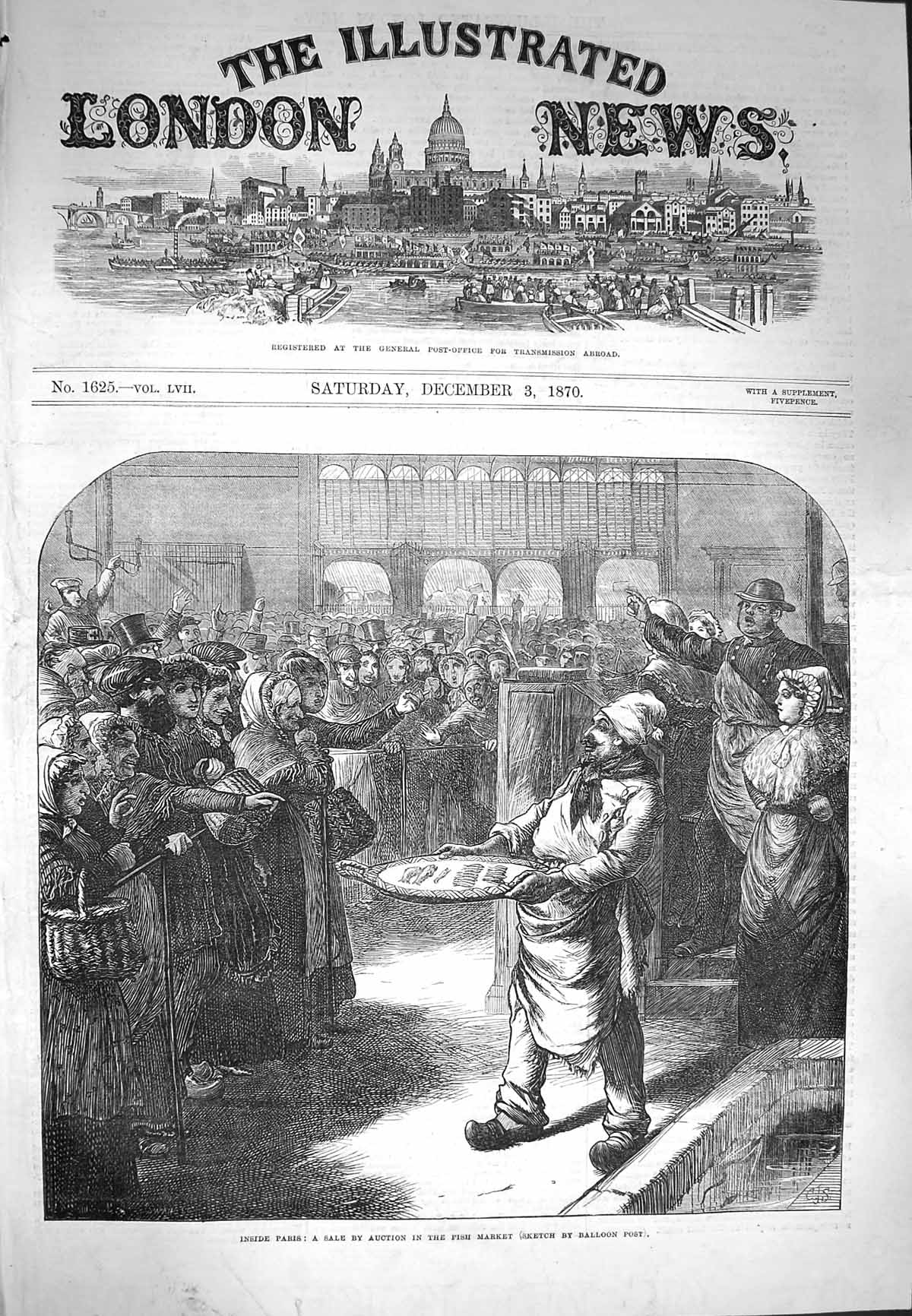 Original Old Antique Print 1870 Paris Auction Sale Fish Market France Victorian
