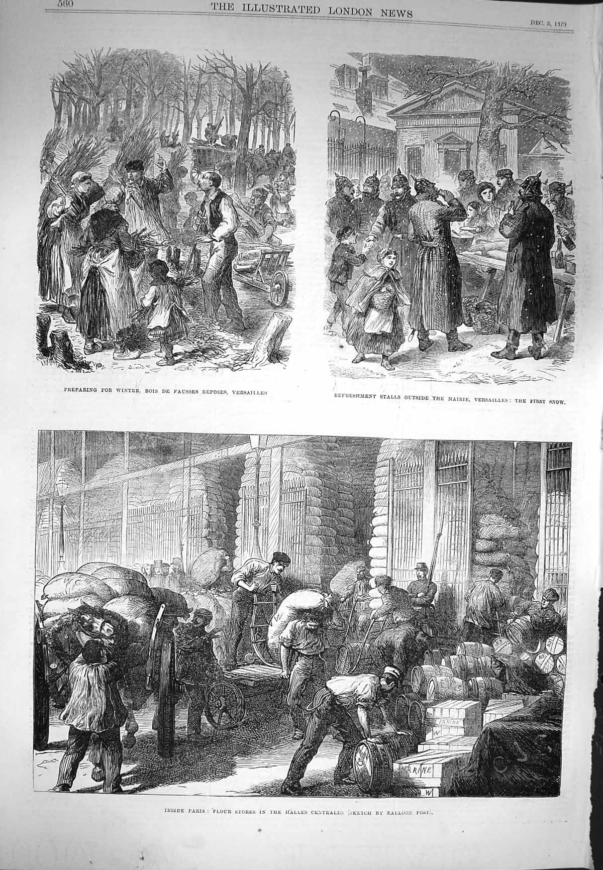 Original Old Antique Print 1870 Paris Flour Stores Halles Centrales Versailles
