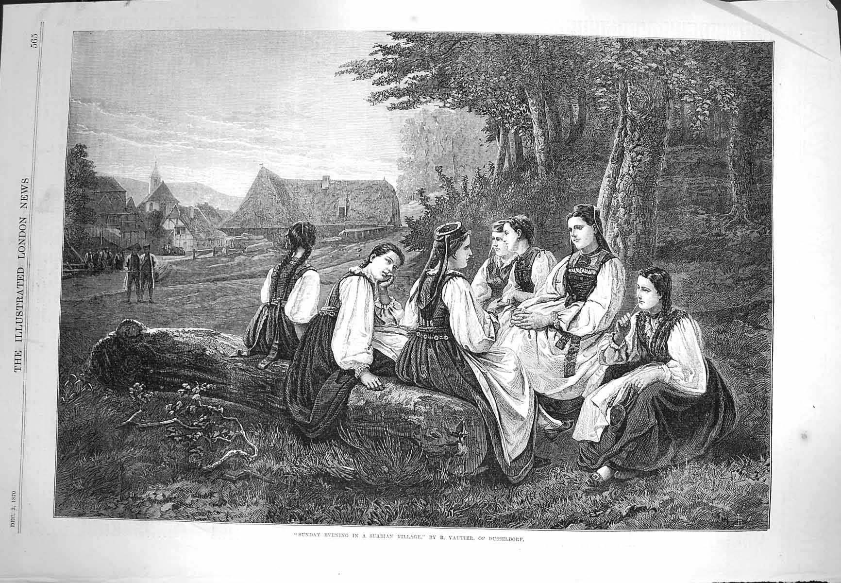 Old Antique Print 1870 Sunday Evening Scene Suabian Village Women Ladies 19th