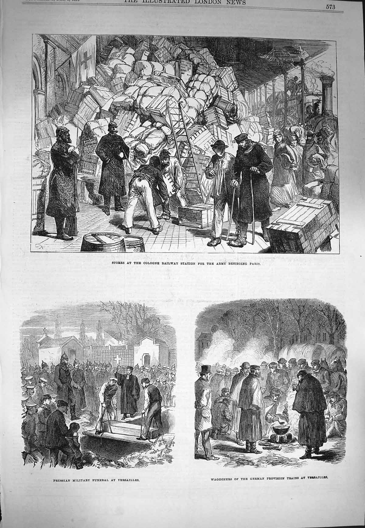 Old Antique Print 1870 Stores Cologne Railway Station Versailles Funeral 19th