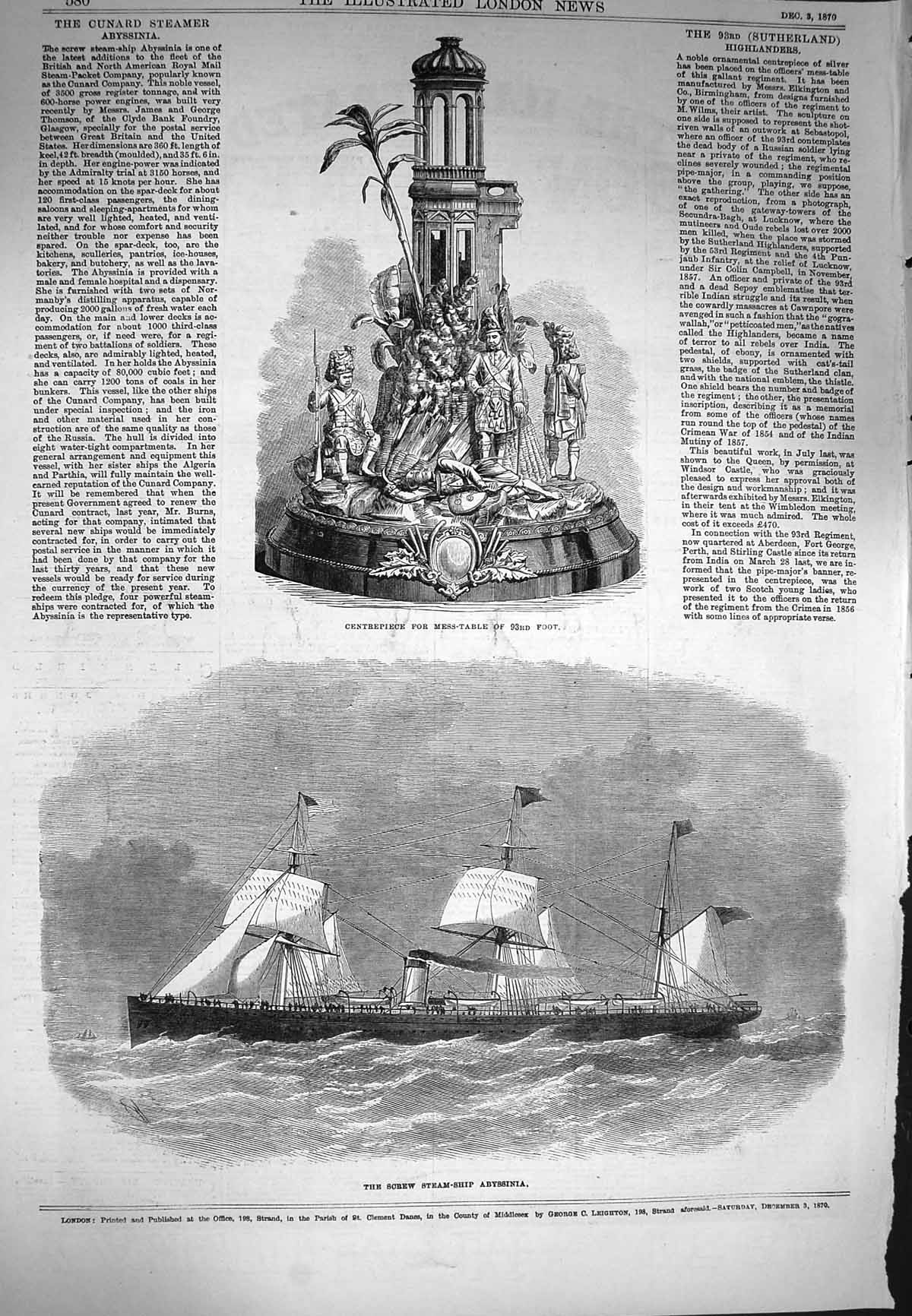 Original Old Antique Print 1870 Screw Steam Ship Abyssinia Centrepiece Mes 19th