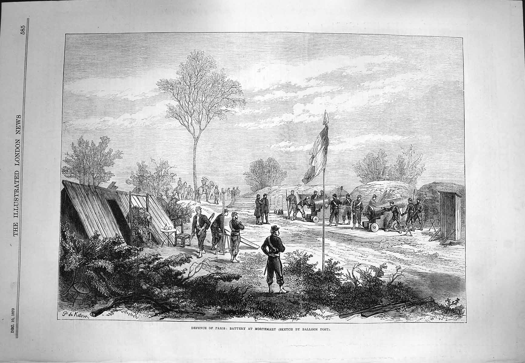 Original Old Antique Print 1870 Defence Paris Battery Mortemart Siers War 19th