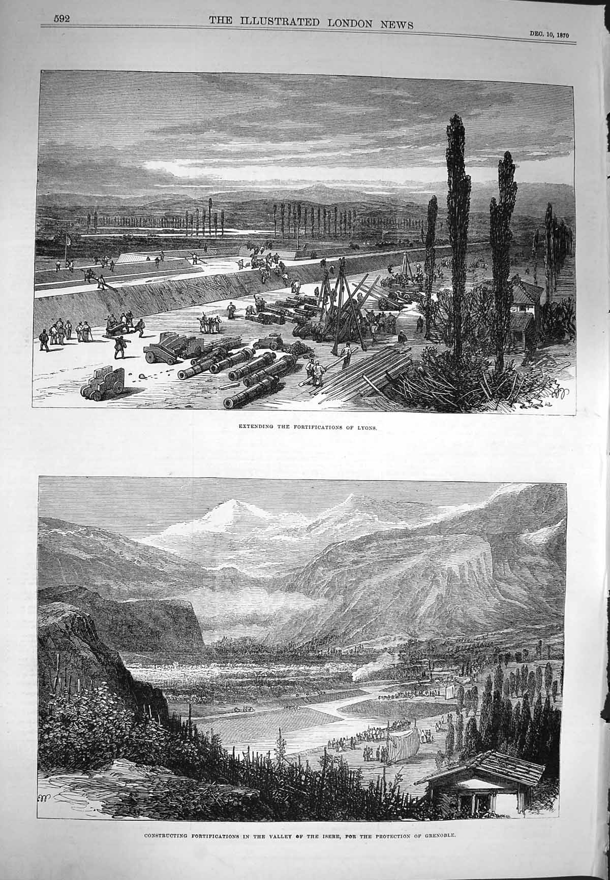 Old Antique Print 1870 Fortifications Valley Isere Grenoble Lyons France 19th