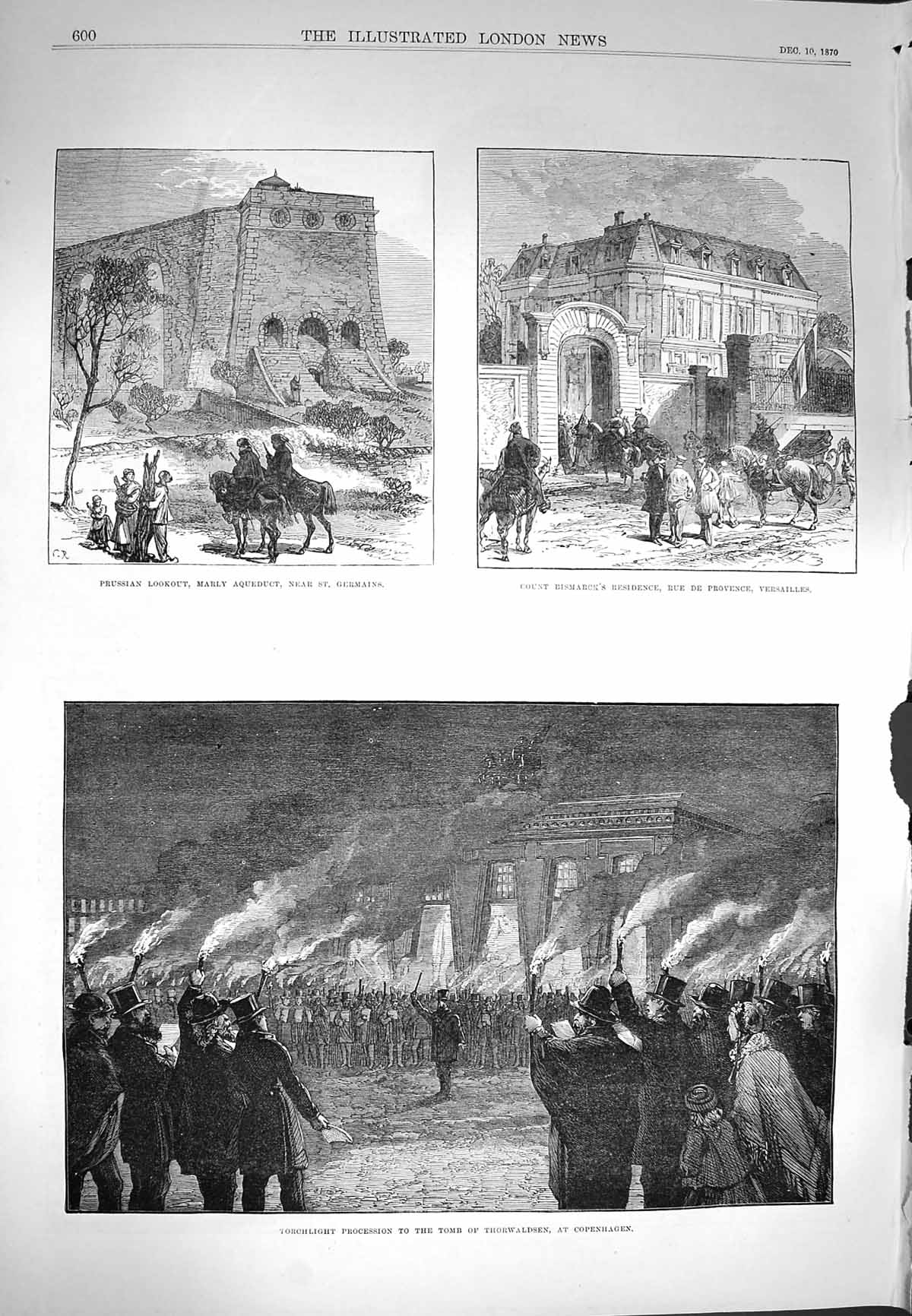Original Old Antique Print 1870 Tomb Thorwaldsen Copenhagen Bismarck Versailles