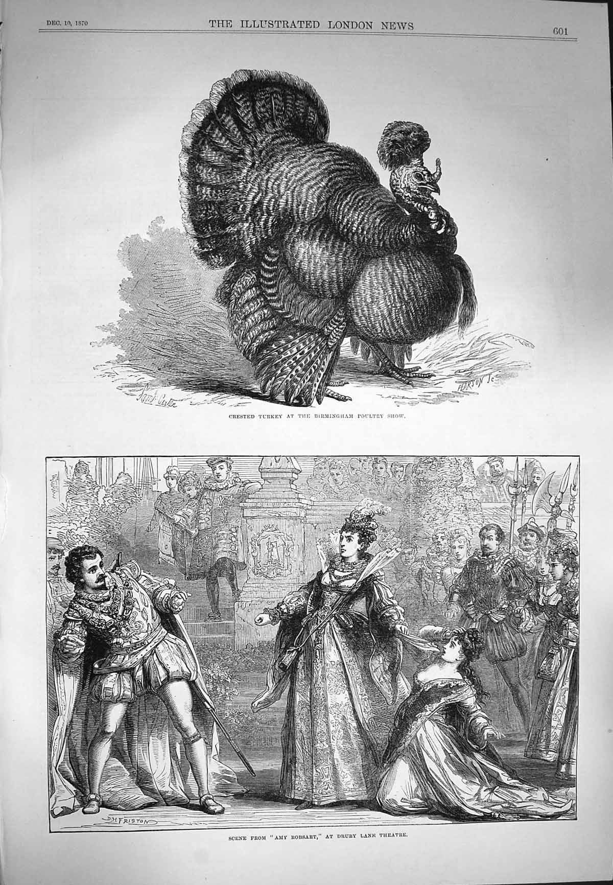 Old Antique Print 1870 Crested Turkey Poultry Show Drury Theatre Robsart 19th